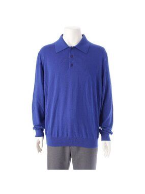 Loewe Wool Anagram Embroidery Logo Long Sleeve Knit Polo Shirt Top Blue